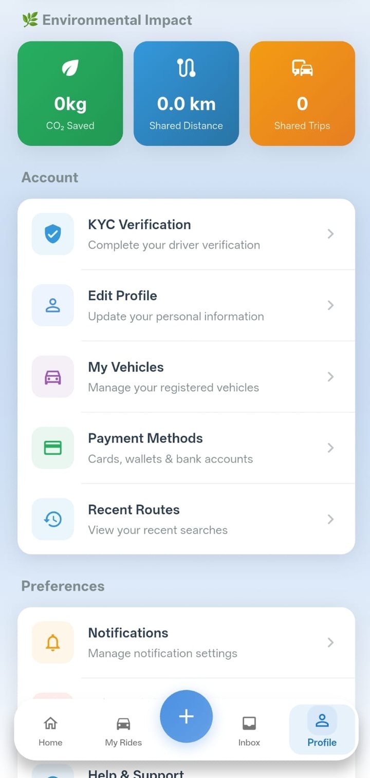 WayloShare account screen with environmental impact stats