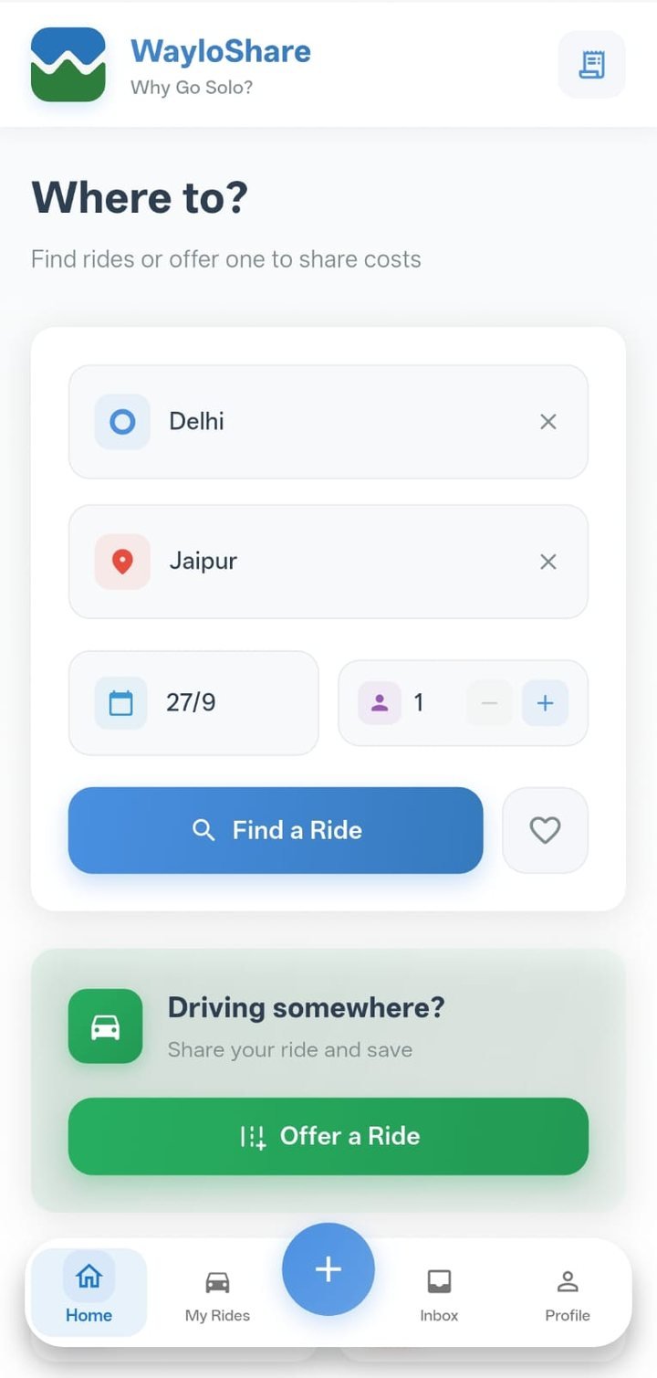 WayloShare app searching for a ride from Delhi to Jaipur