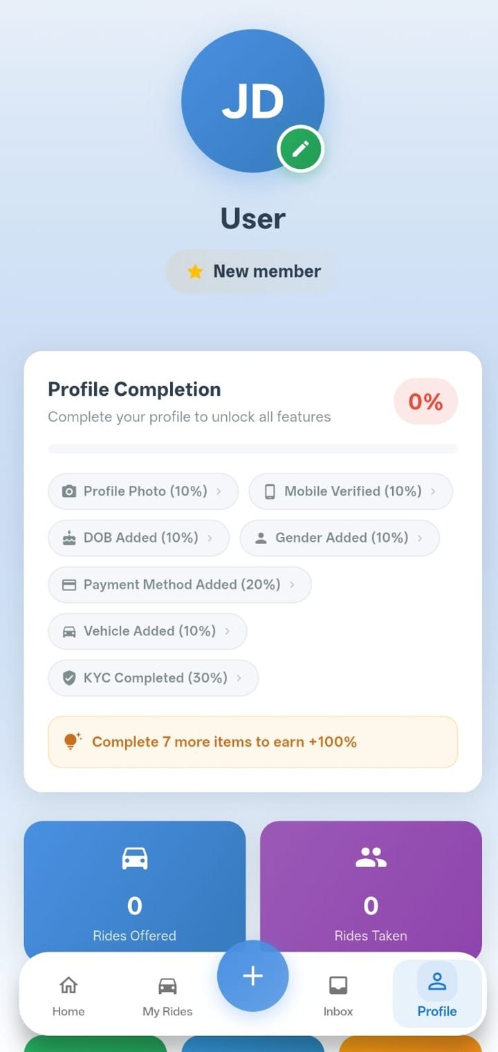 WayloShare profile screen with profile completion tracker