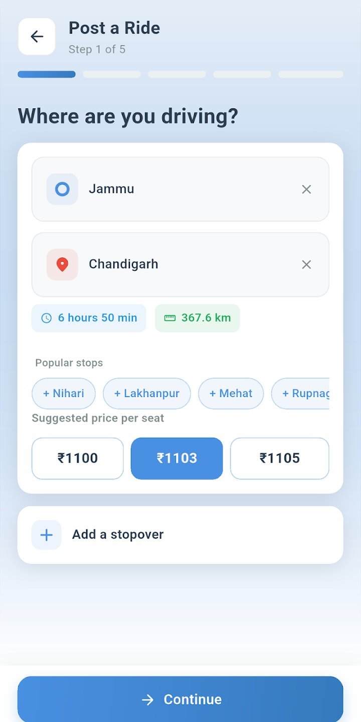 Posting a ride: Jammu to Chandigarh with suggested prices per seat